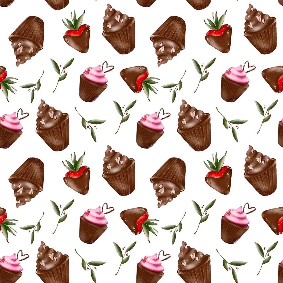 Chocolate Cover Strawberries and Cupcakes Fabric - White