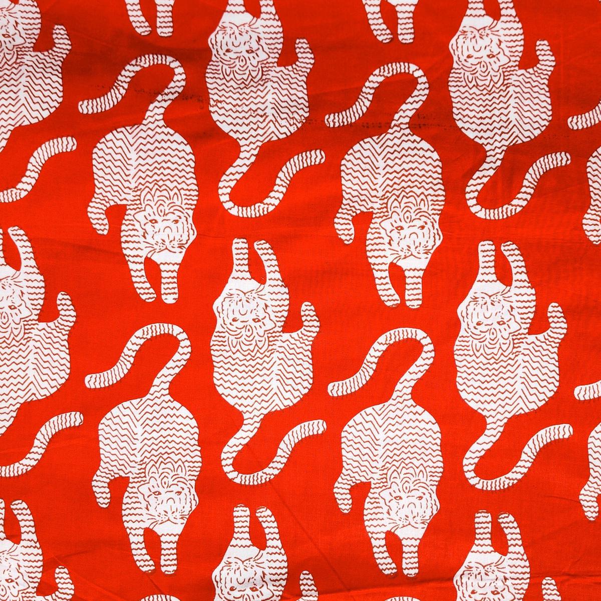 Pure Cotton Red With White Tiger Screen Print Fabric