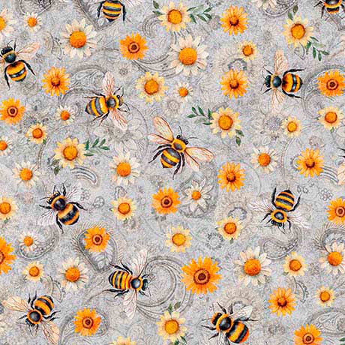 Light Grey Sunflower Serenade Sunflowers And Bumblebees Cotton 44/45 Fabric Per Yard