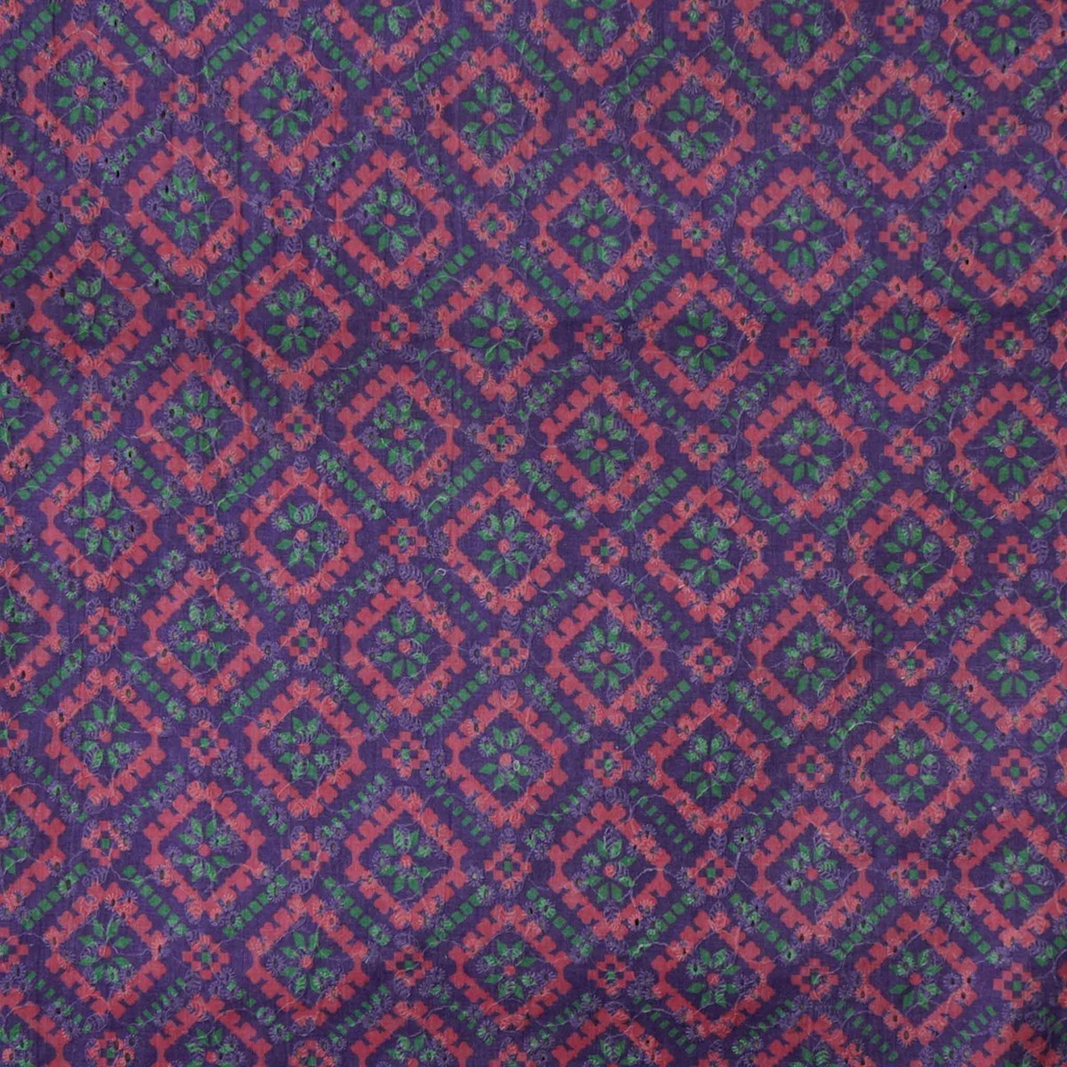 ( Width 44 Inches ) Pure Cotton Hakoba Purple With Pink And Teal Green Jaal Hand Block Print Fabric