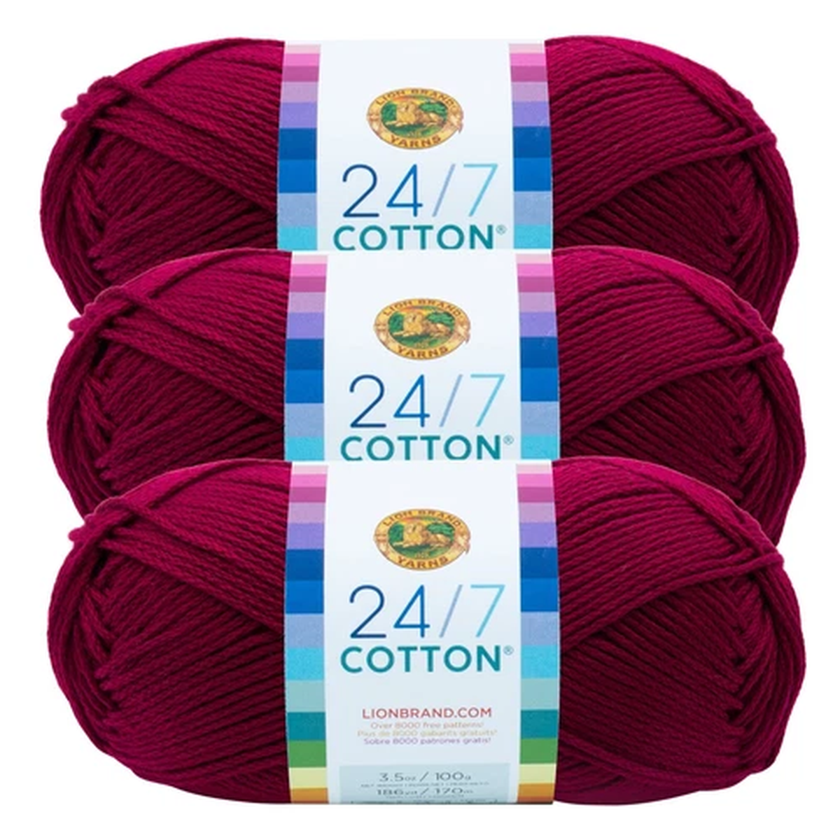 (3 Pack) Lion Brand Yarn 761-144L 24-7 Cotton Yarn, Magenta
