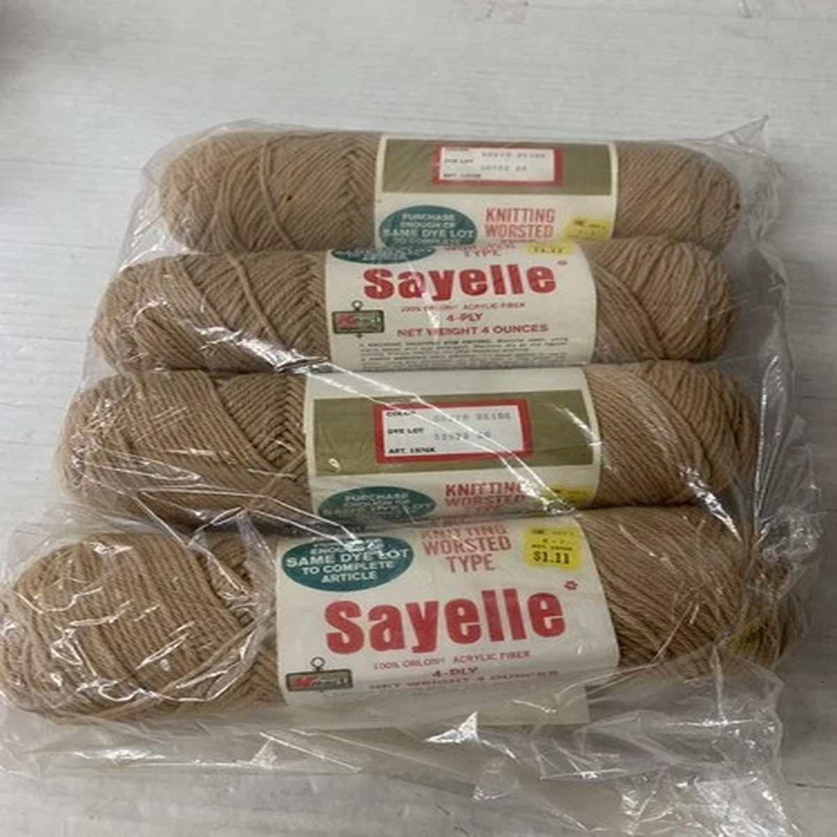 (x4)-Vintage Kmart Sayelle Beige Yarn-4 Ply-Dupoint Acrylic Worsted K9776 Lot