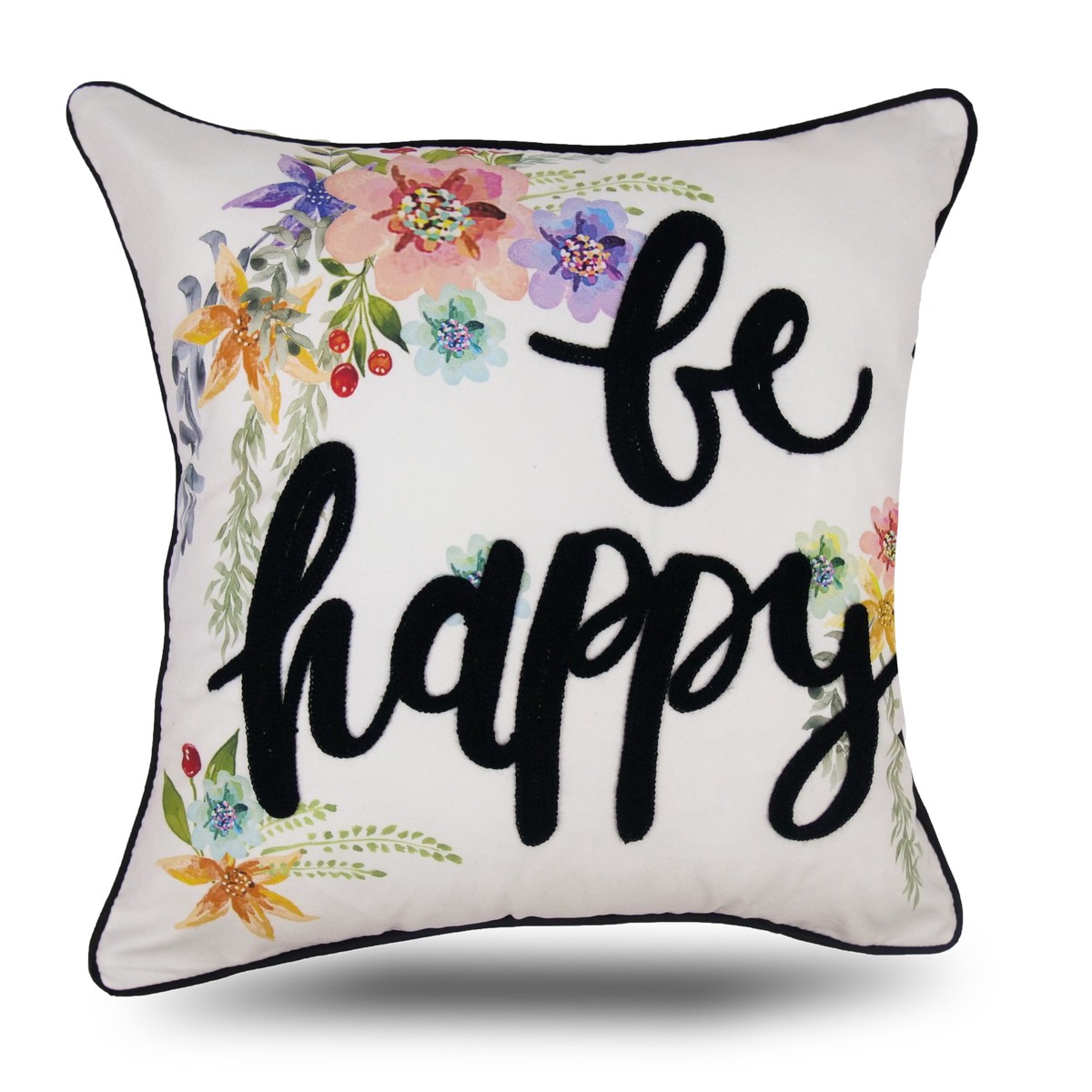 Decorative cushion cover - Be Happy - White - 18 x 18''