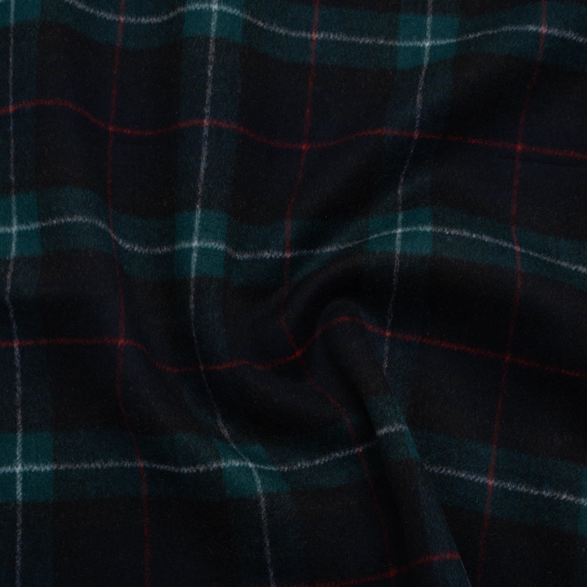 Brushed Wool Double Cloth Coating - Black, Deep Green and Red Plaid - Deadstock