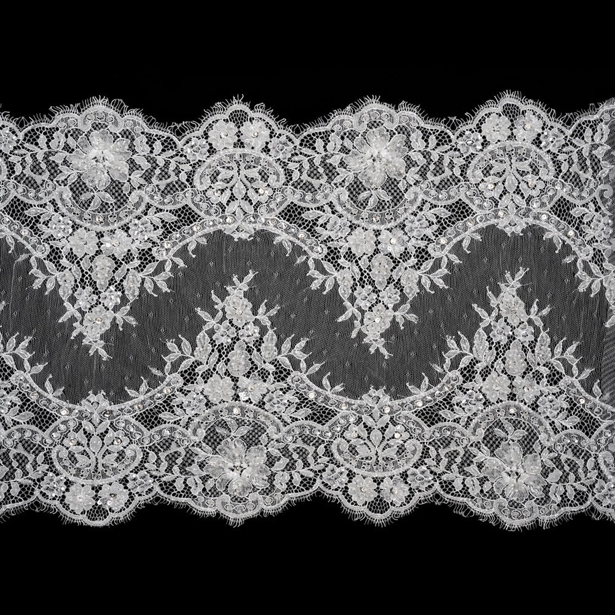 Beaded Bridal Lace Trim with Scalloped Edges - White Floral - 13"