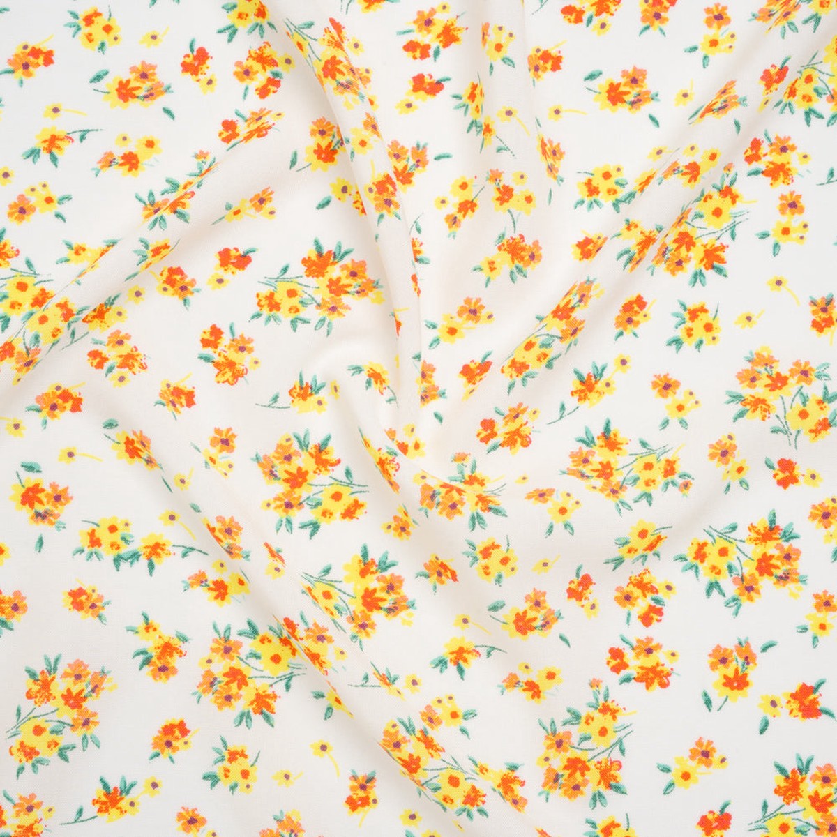 Rayon Challis Print - Vibrant Yellow, Coral Red and Honey Orange Painterly Floral - Deadstock