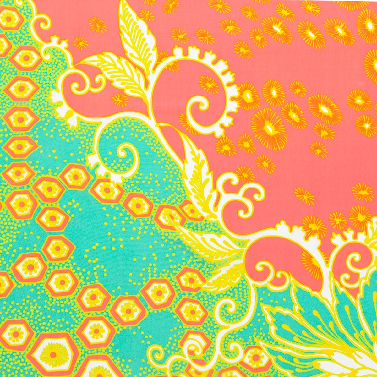 Aqua and Coral Geometric and Floral Printed Silk Crepe de Chine