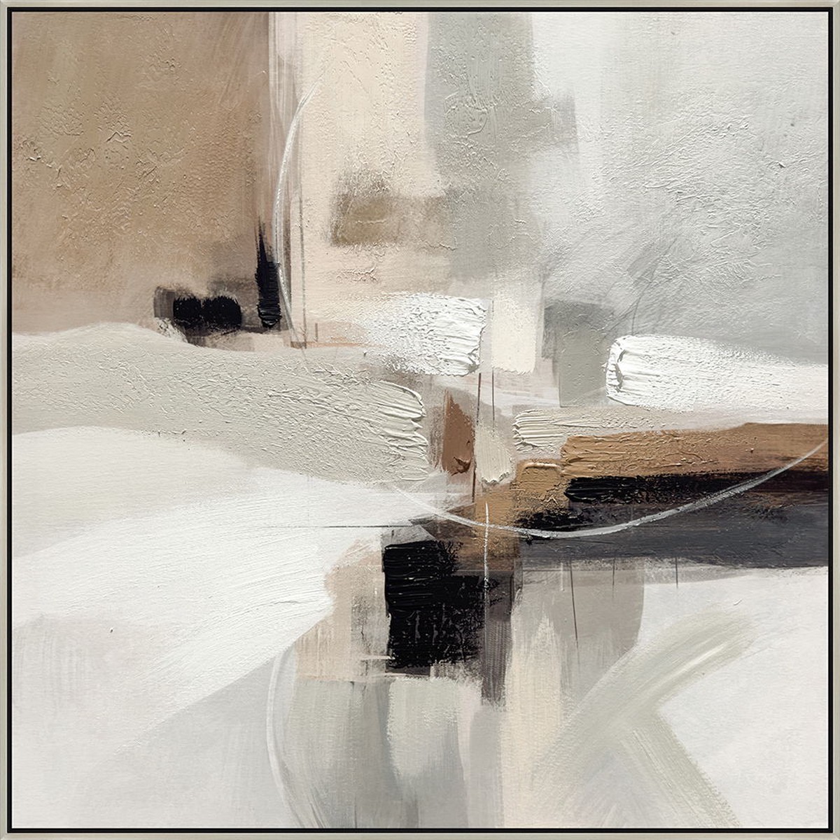 "Earthy Abstraction II" Hand-Embellished Canvas In Frame - Neutral / Black / White