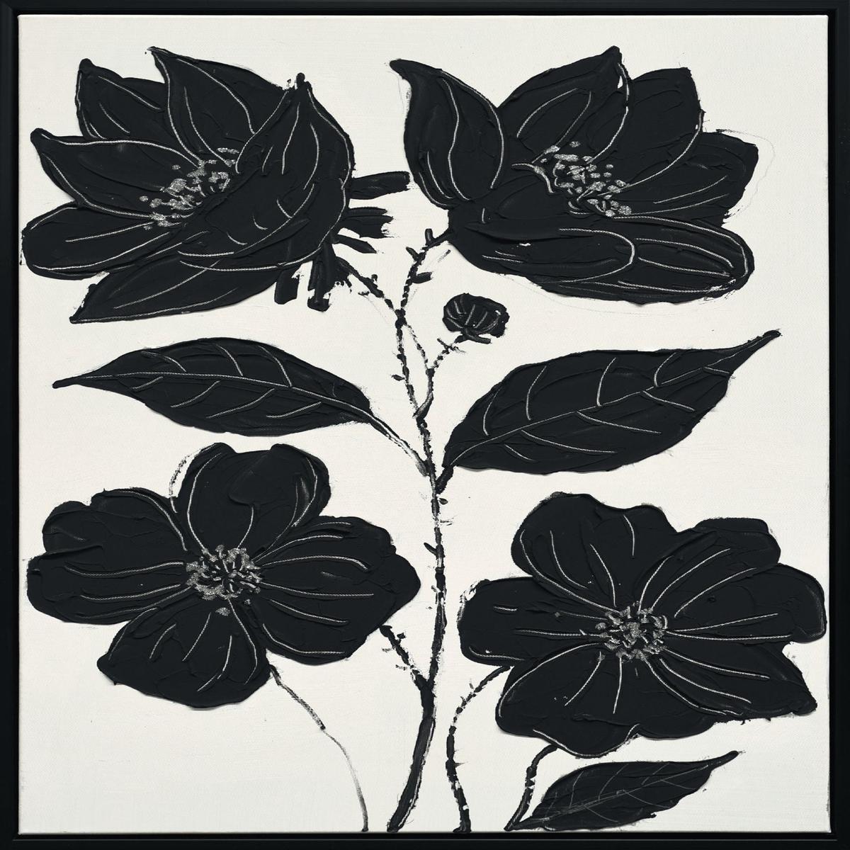 "Nocturnal Blooms I" Hand-Painted Canvas In Frame - Black
