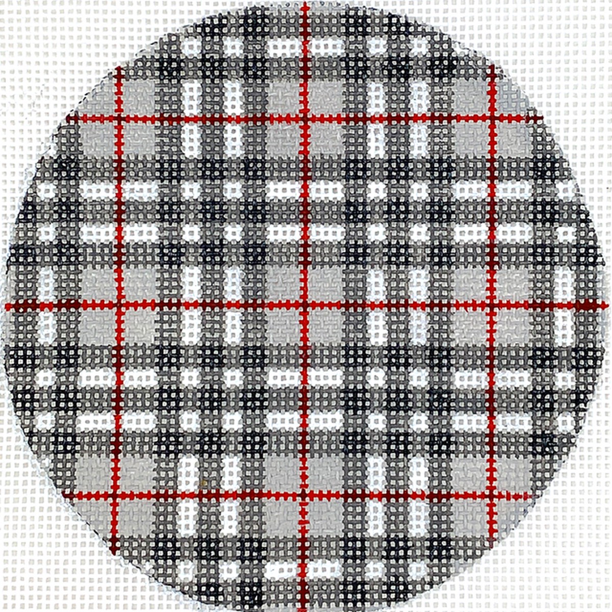 4 Round Gentlemans Plaid grays, black & red w/ red letter